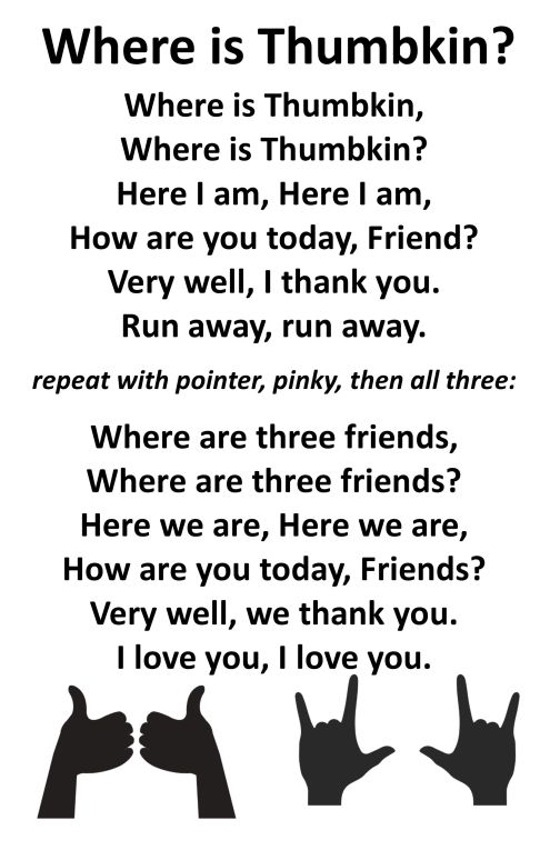 Lyrics to Where are Three Friends with silhouettes of two hands with thumbs up and two hands showing the ASL "I Love You" sign.