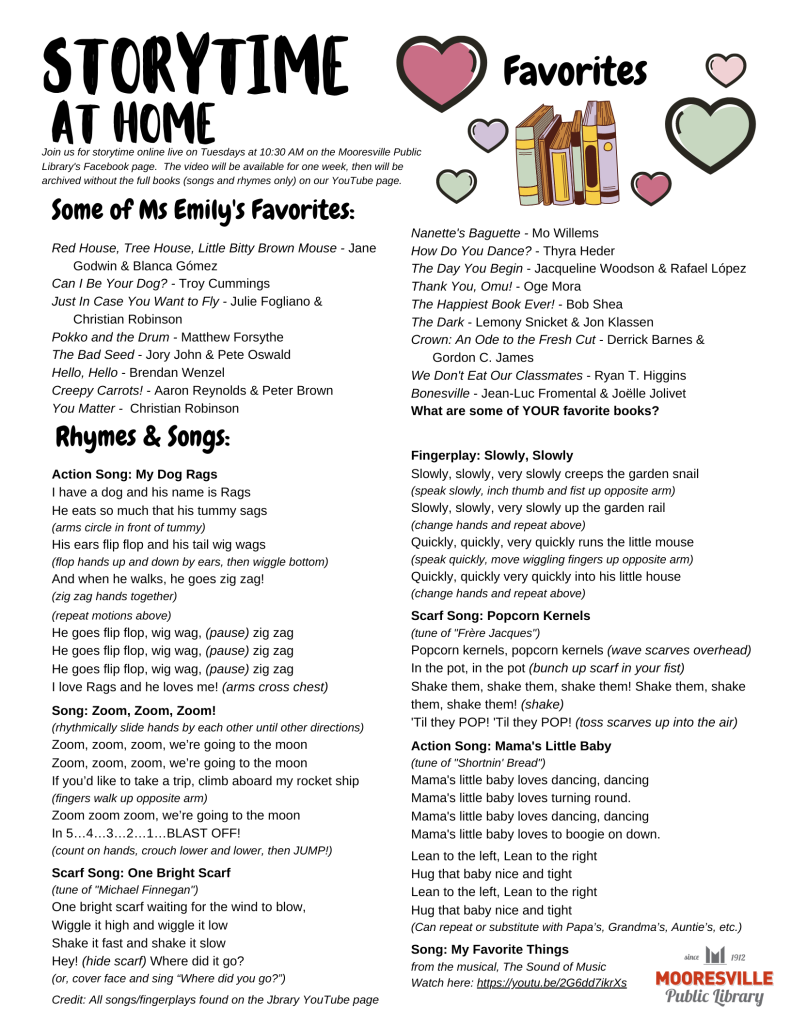 Storytime handout with suggested books and rhyme/song lyrics.