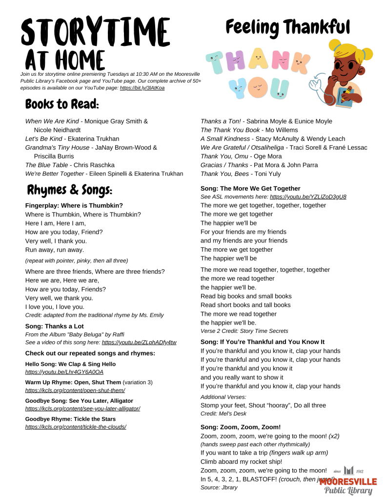Storytime handout with suggested books, rhyme and song lyrics