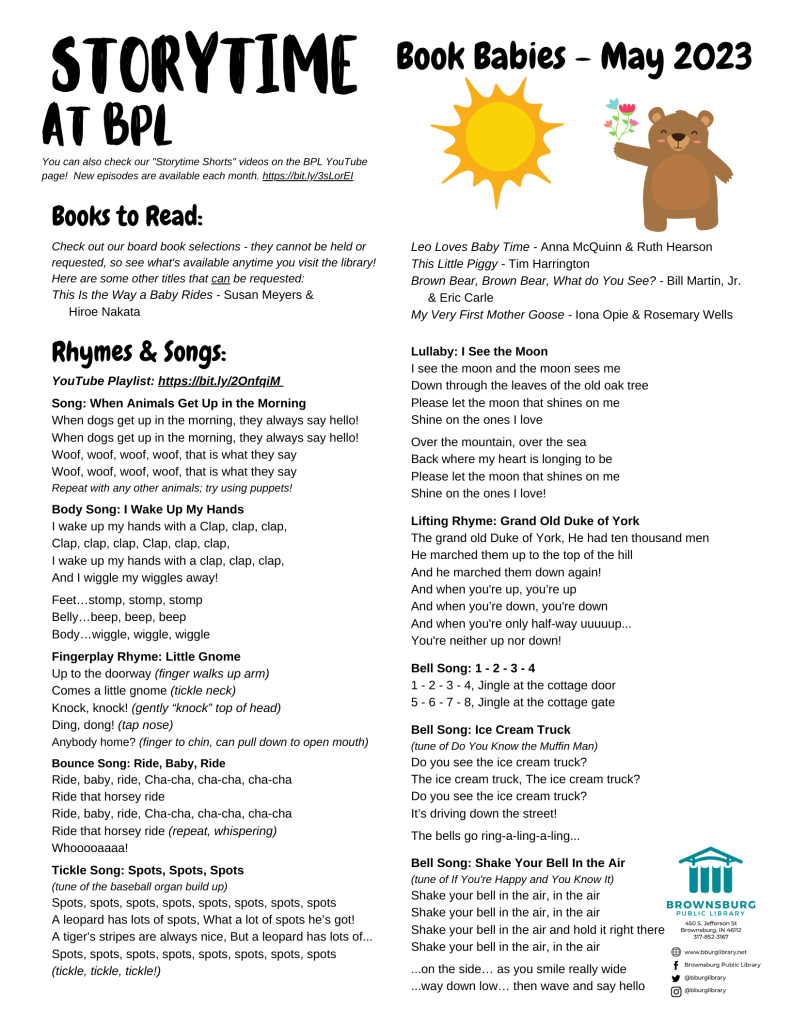 handout with suggested books, rhyme and song lyrics