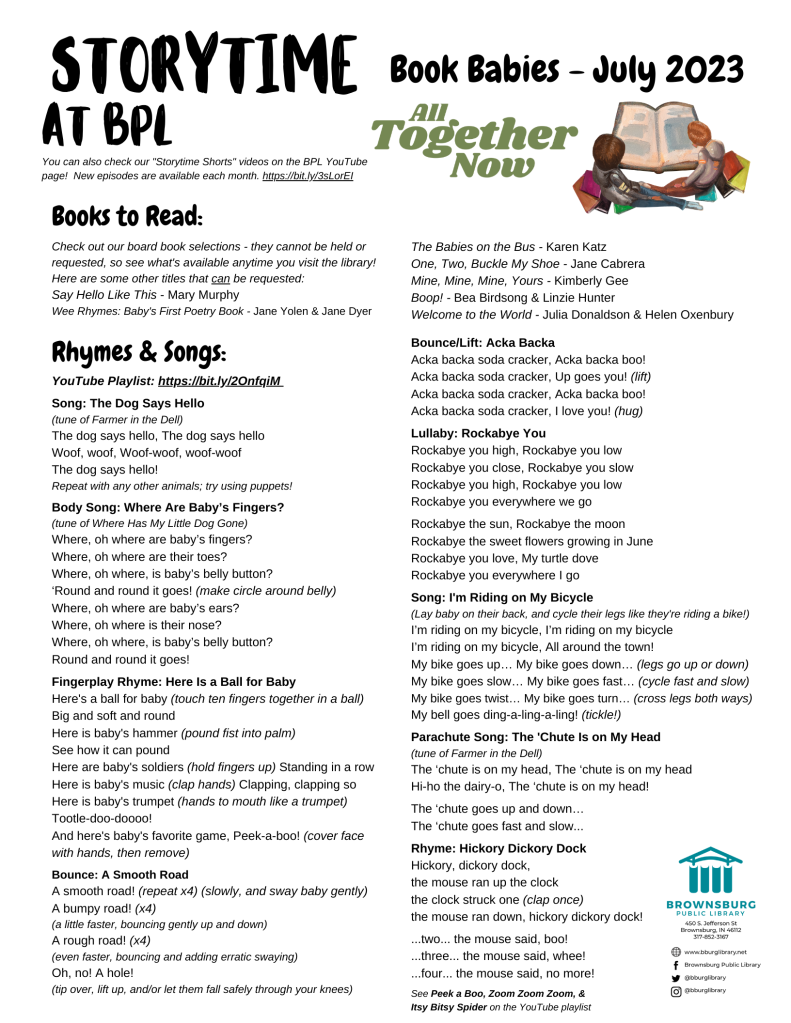 handout with book suggestions, rhyme and song lyrics