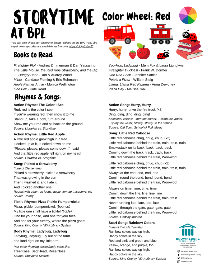 thumbnail of handout with suggested books, rhymes, and song lyrics