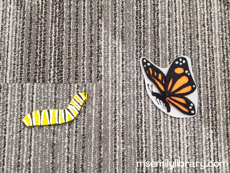 flannel pieces of an orange monarch butterfly and a yellow, black, and white monarch caterpillar