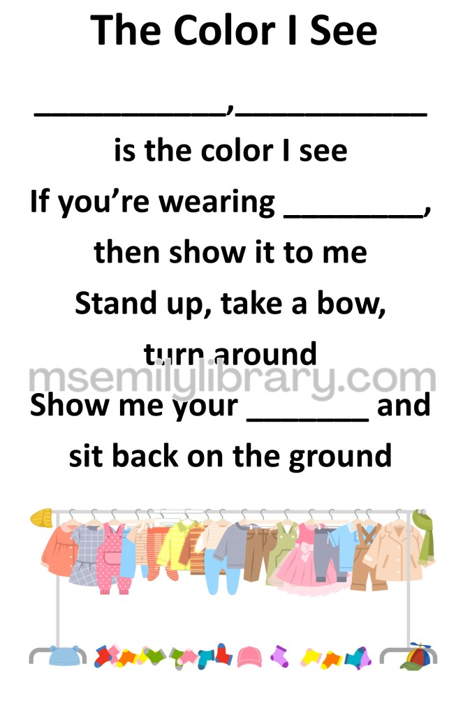 The Color I see thumbnail, with a graphic of a clothes rack with various colored clothing. The place where the color name is repeated is shown as a blank within the text. click the image to download a non-branded PDF