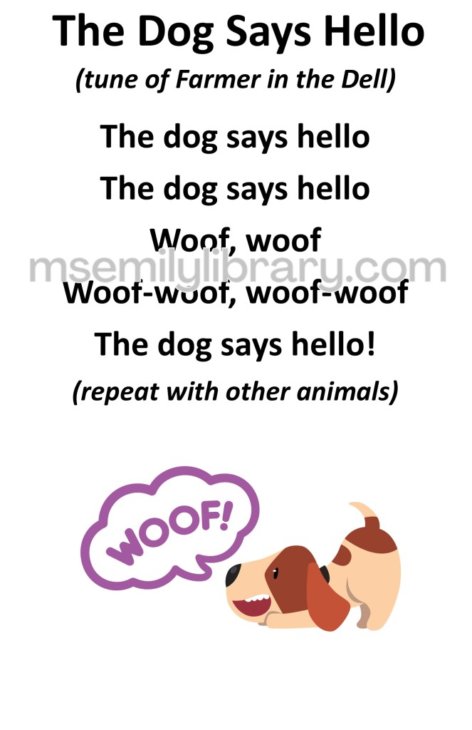 the dog says hello thumbnail, with a graphic of a dog with a speech bubble saying woof. click the image to download a non-branded PDF