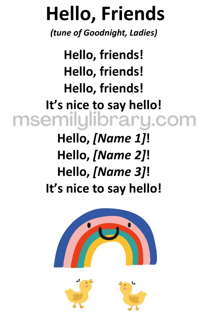 Hello Friends rhyme sheet. Includes a smiling rainbow and two yellow ducks at the bottom. click the image to download a non-branded PDF