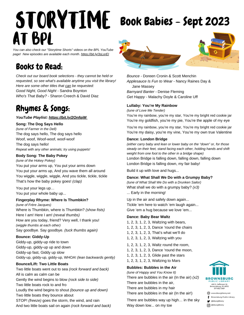 handout with book suggestions, rhyme and song lyrics