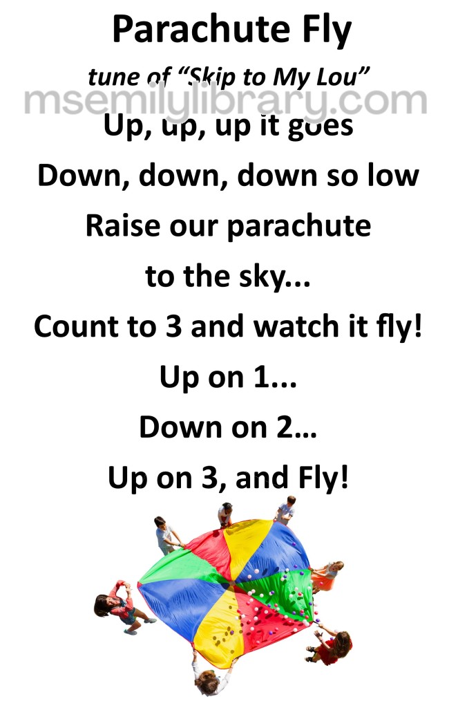 Parachute fly thumbnail, with a graphic of an overhead view of children holding on to a colorful parachute with balls bouncing on top.  click the image to download a non-branded PDF
