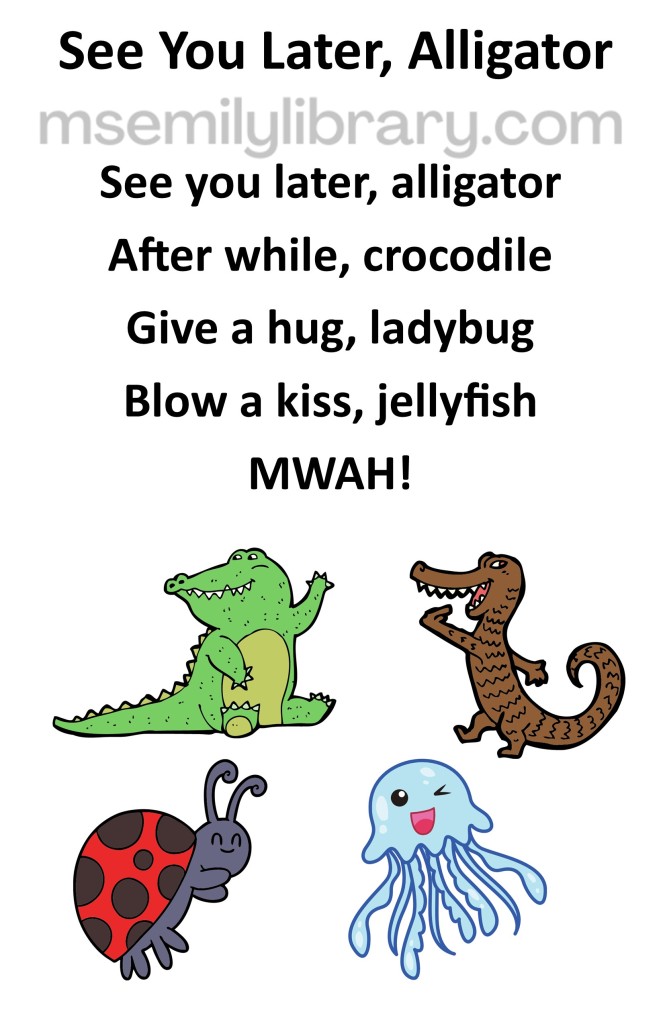 See you later thumbnail, with a graphic of a green alligator, brown crocodile, ladybug, and jellyfish. click the image to download a non-branded PDF