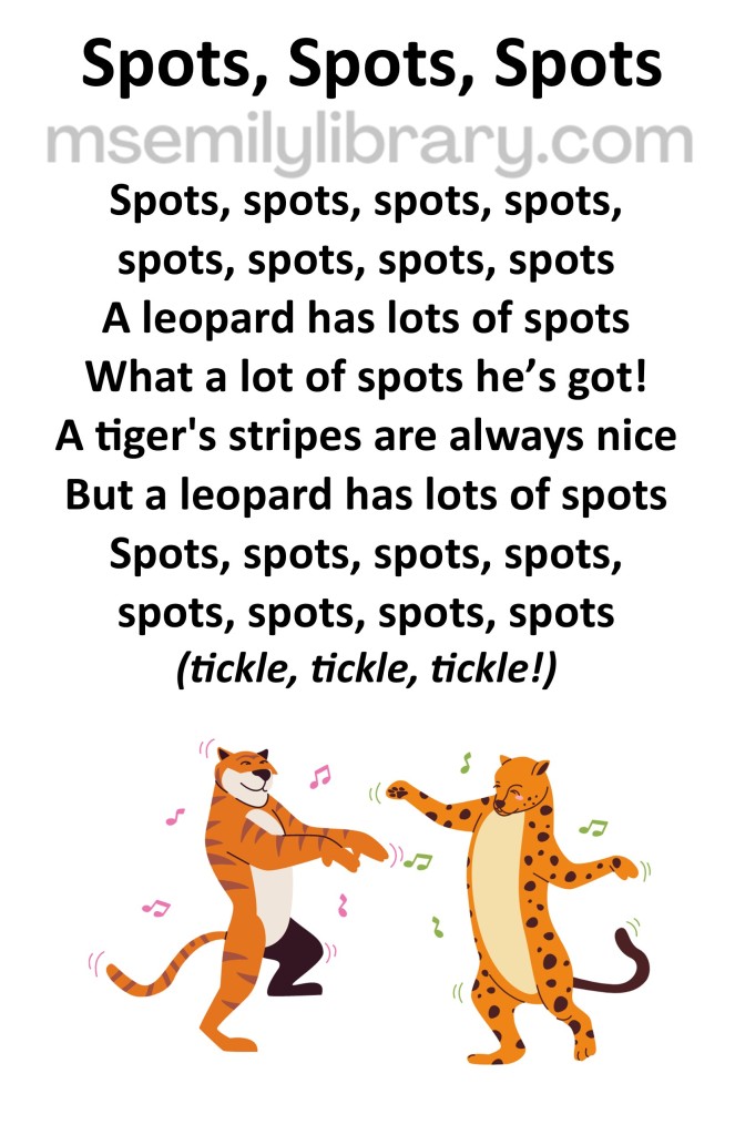 Spots, spots, spots thumbnail, with a graphic of a tiger and leopard dancing. click the image to download a non-branded PDF.