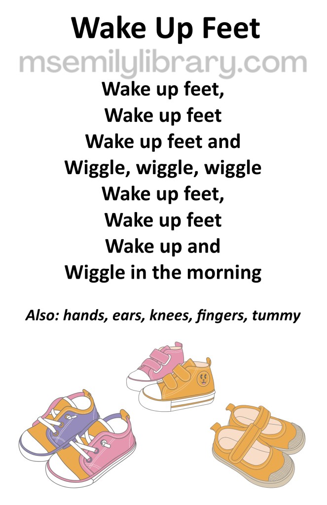 Wake Up Feet thumbnail, with a graphic of three pairs of baby-sized shoes. click the image to download a non-branded PDF