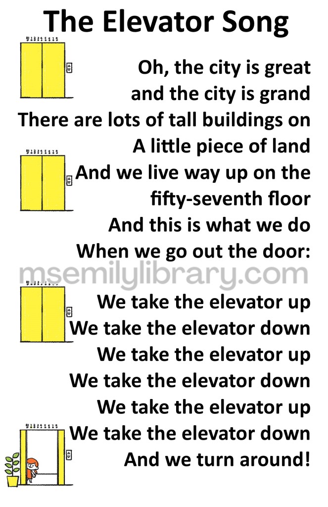 the elevator song thumbnail, with a graphic of an elevator repeated three times, with a fourth rendition showing the doors open and a child peeking out at the bottom. click the image to download a non-branded PDF