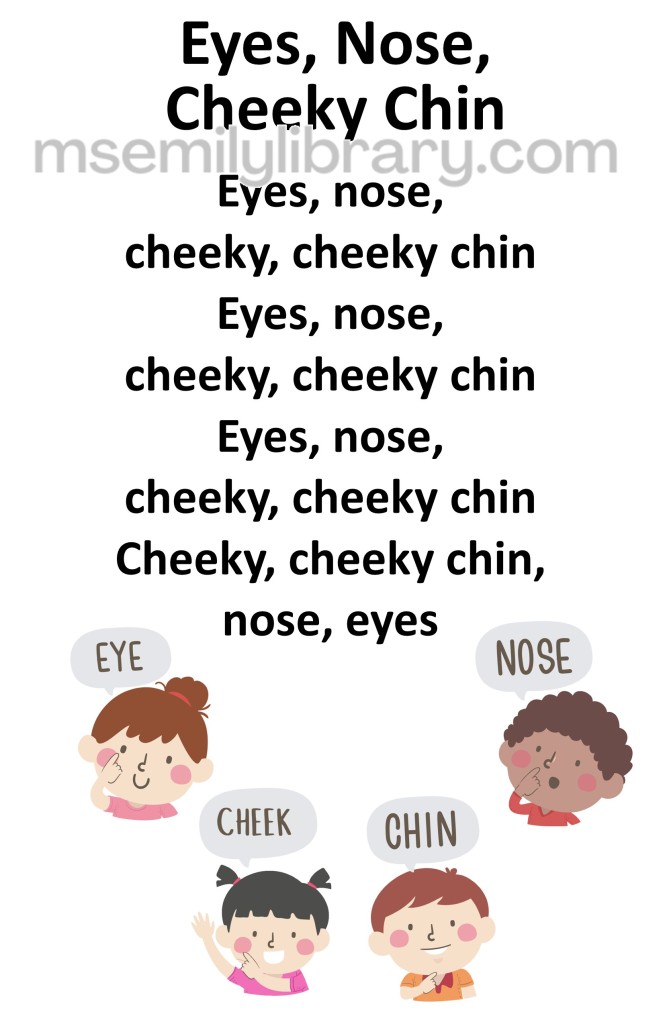 Eyes nose cheeky chin thumbnail, with a graphic of children pointing to each body part with a speech bubble of the word above them. click the image to download a non-branded PDF