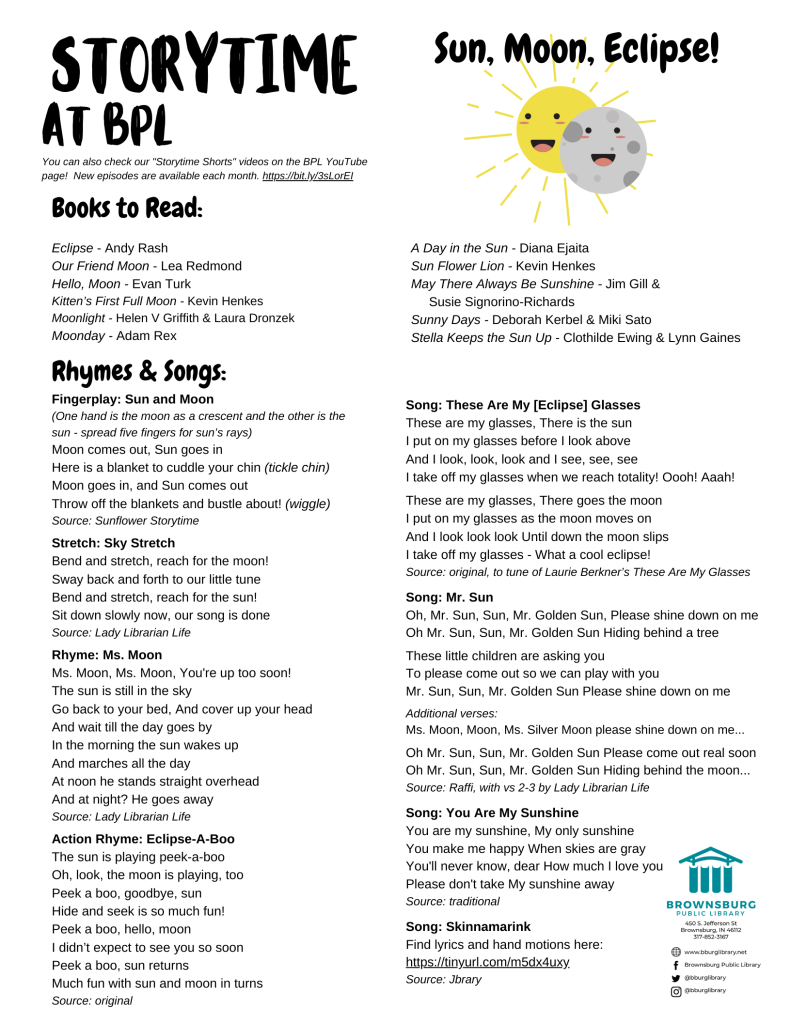 Storytime handout, with suggested books, rhyme and song lyrics.