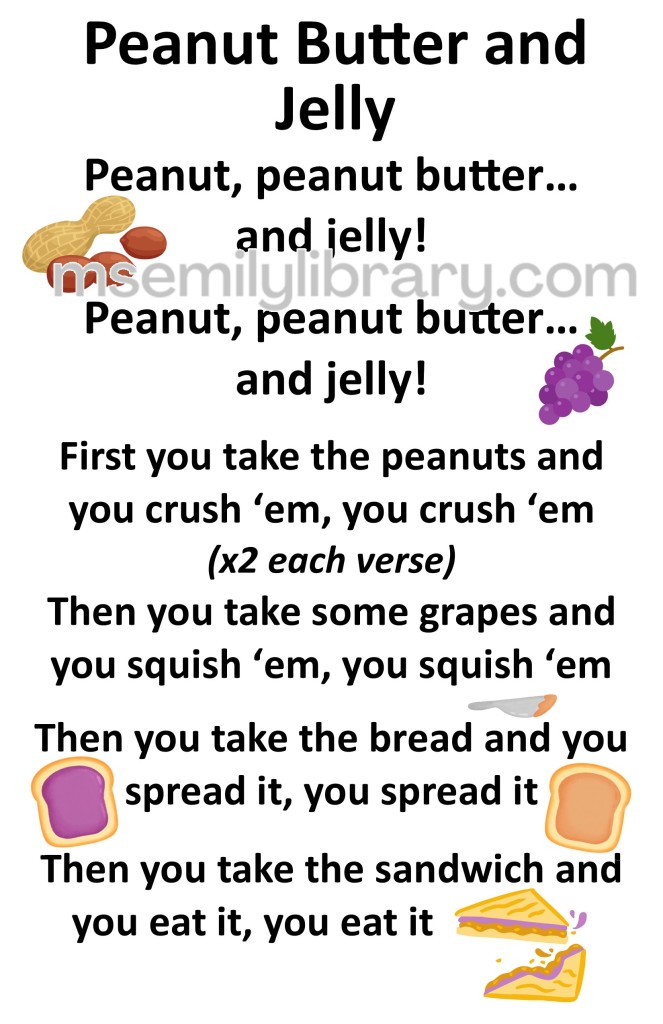 peanut butter and jelly thumbnail, with a graphic of peanuts, grapes, a knife with peanut butter on it, one piece of bread spread with jelly and another with peanut butter, and a sandwich cut diagonally with one bite taken out of it. click the image to download a non-branded PDF