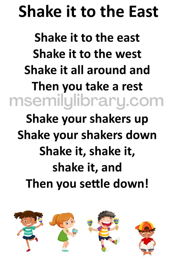 shake it to the east thumbnail, with a graphic of four kids. Three have maracas and are shaking, and the fourth is sitting reading a book. click the image to download a non-branded PDF