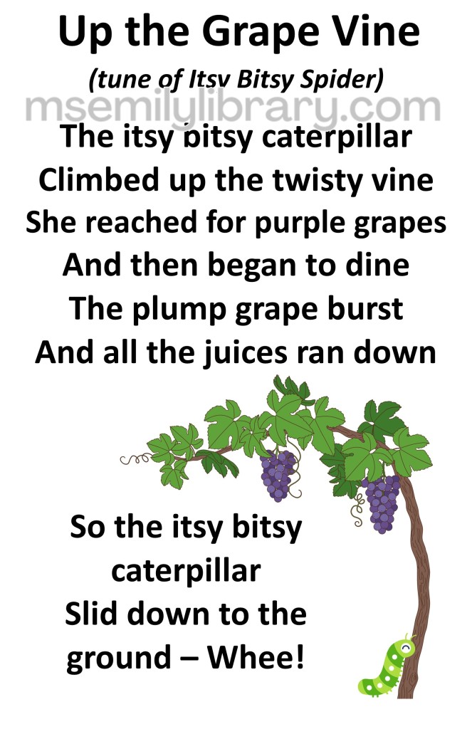 Up the grapevine thumbnail, with a graphic of a grapevine with a green caterpillar beginning to climb the base of the vine. Purple grape clusters hang down. click the image to download a non-branded PDF