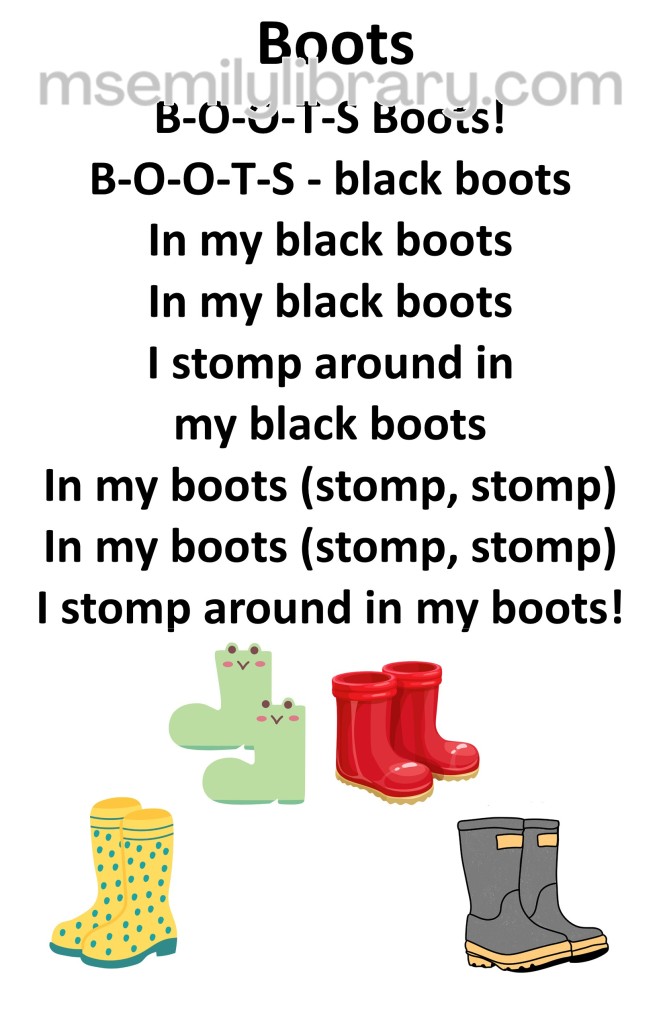 Boots thumbnail, with a graphic of four pairs of boots: yellow and blue polka dotted, green frogs, red, and black. click the image to download a non-branded PDF