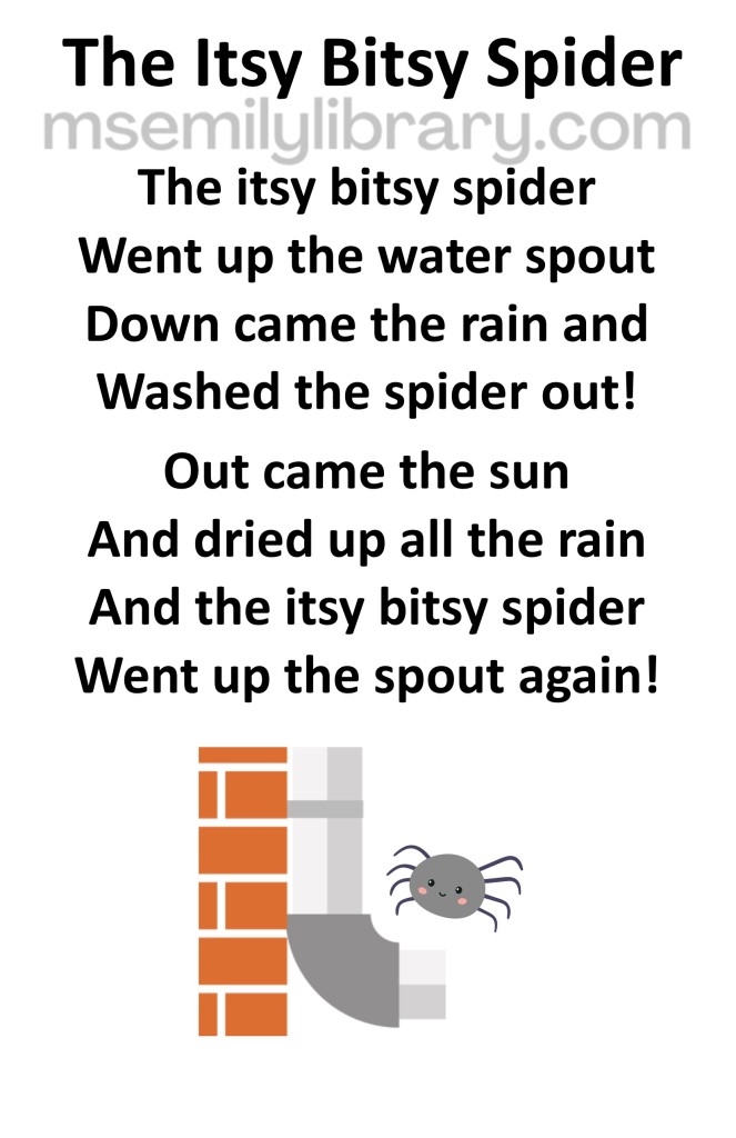 the itsy bitsy spider thumbnail, with a graphic of a cartoon spider next to a rain gutter attached to a red brick wall. click the image to download a non-branded PDF
