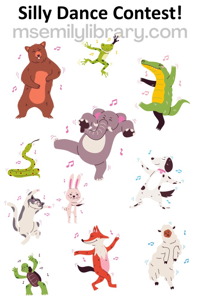 silly dance contest thumbnail, with a graphic of various animals dancing: bear, frog, alligator, elephant, snake, cat, rabbit, dog, sheep, fox, and turtle. click the image to download a non-branded PDF