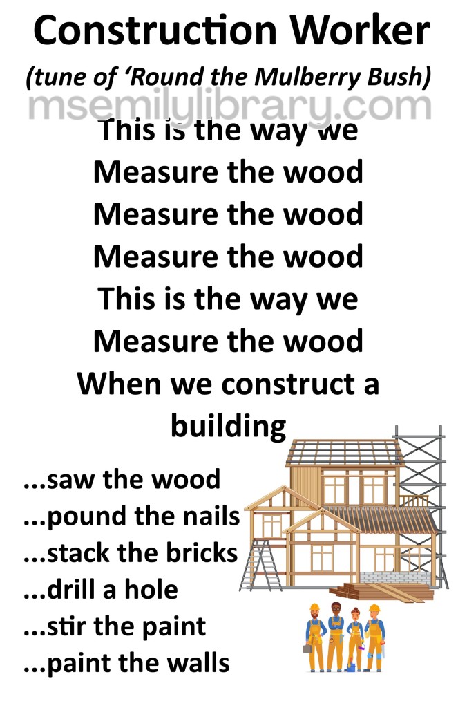 construction worker song thumbnail, with a graphic of a house frame under construction and a group of four multicultural workers in front of it. click the image to download a non-branded PDF