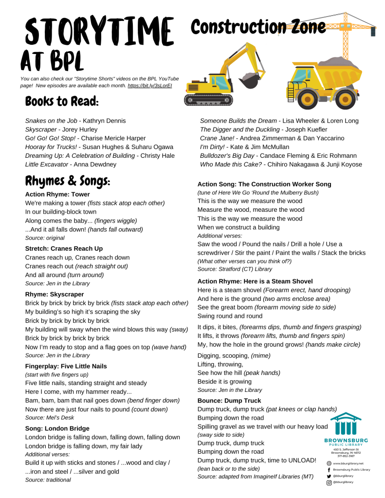 handout with suggested books, rhyme and song lyrics.